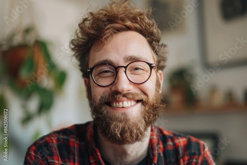 Geek Man. Young Caucasian Businessman Smiling Alone at Home in Casual Attire