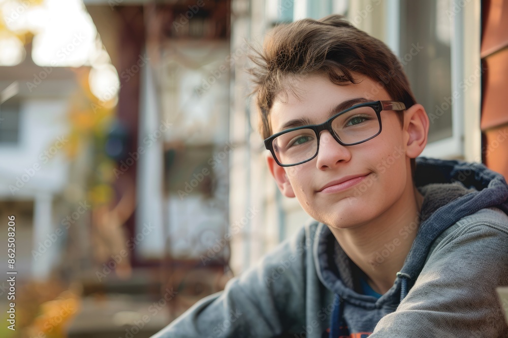 High School Boy. Portrait of a Young Boy Smiling Outdoors in Casual Attire High School Boy. Portrait of a Young Boy Smiling Outdoors in Casual Attire