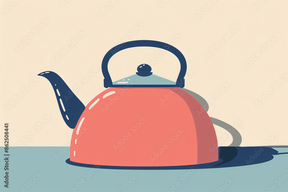 a red tea kettle with blue handle a red tea kettle with blue handle
