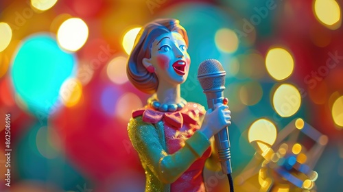 Plasticine figure. Woman singing at the microphone in a festive atmosphere