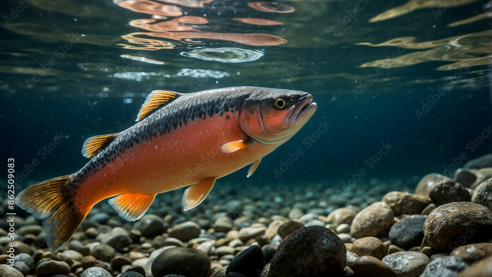 Naklejka premium salmon spawning in a clear, tranquil freshwater stream. The scene captures the moment of egg deposition