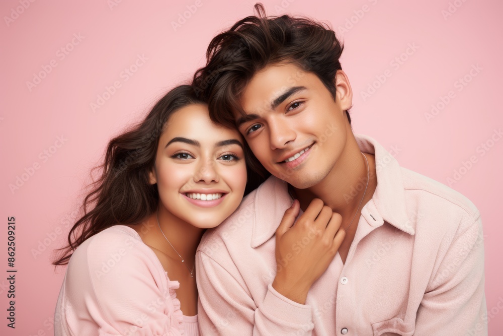 A Portrait photo of a young couple, age 18, Hispanic, with hands intertwined, first love, pastel pink background
A Portrait photo of a young couple, age 18, Hispanic, with hands intertwined, first love, pastel pink background