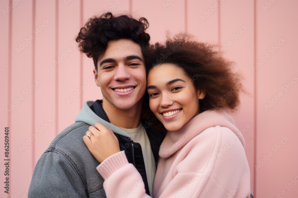 Portrait photo of a young couple, age 18, Mixed race, embracing, first love, pastel pink background Portrait photo of a young couple, age 18, Mixed race, embracing, first love, pastel pink background