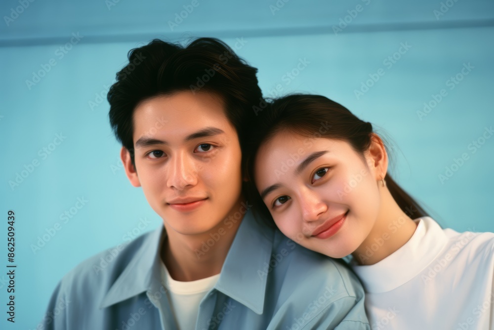 Photo of a young couple, age 19, Asian, sitting closely, first love, pastel blue background Photo of a young couple, age 19, Asian, sitting closely, first love, pastel blue background