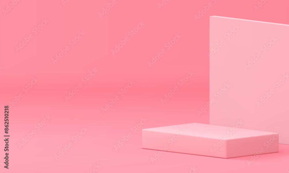 Pink 3d rectangle podium pedestal with wall background for promo realistic vector illustration Pink 3d rectangle podium pedestal with wall background for promo realistic vector illustration