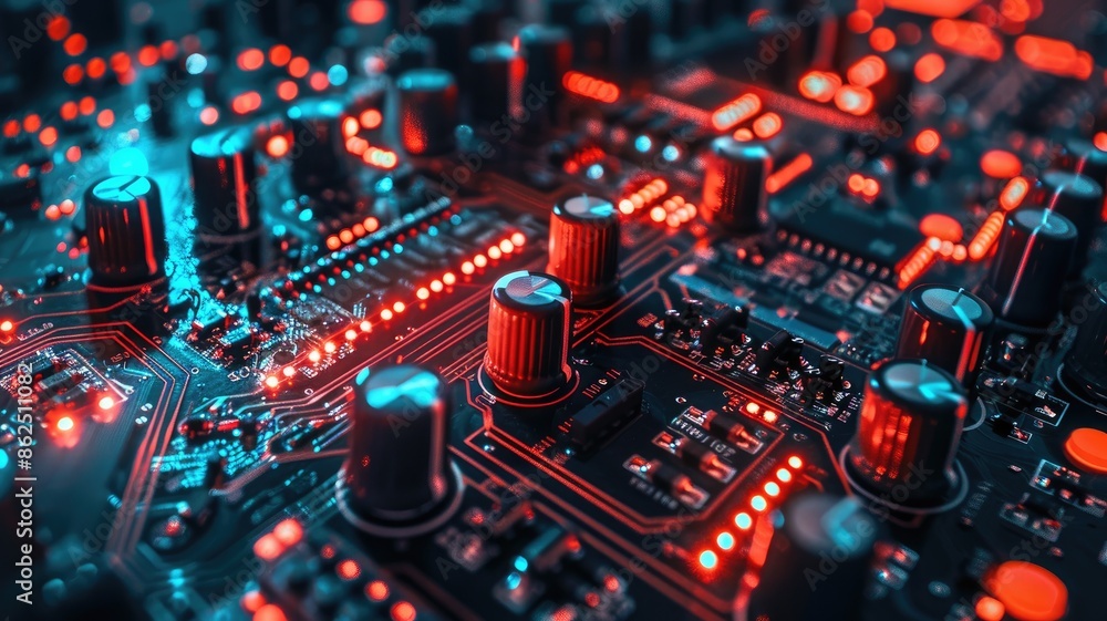 Glowing circuit board with electronic components at night Glowing circuit board with electronic components at night