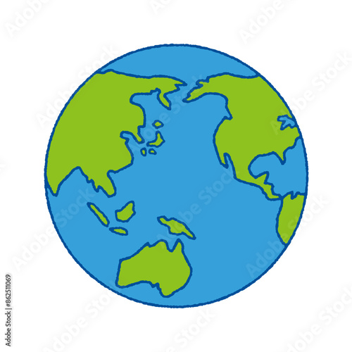 太平洋を中心とした緑と青のシンプルな平面の手書き風の地球のイラスト