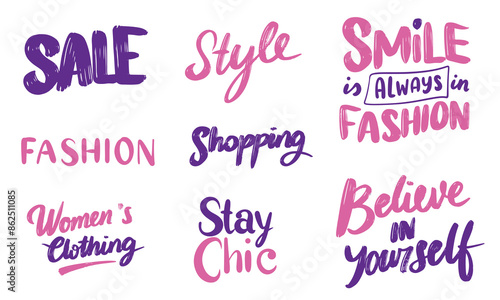 Collection of Fashion text lettering. Hand drawn vector art.