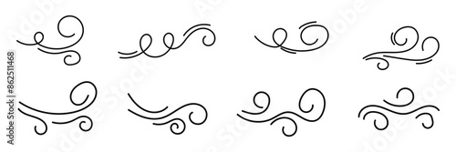 Wind doodle line shape set air wind flow spiral curve hand drawn doodle element cartoon speed wave. Vector illustration on white background in eps 10.