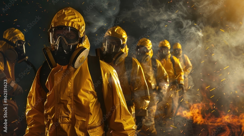 Portrait of firefighters in yellow protective suits after extinguishing a fire. Portrait of firefighters in yellow protective suits after extinguishing a fire.