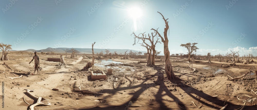 Desolate Desert Landscape with Bare Trees and Bright Sun in Clear Sky Desolate Desert Landscape with Bare Trees and Bright Sun in Clear Sky