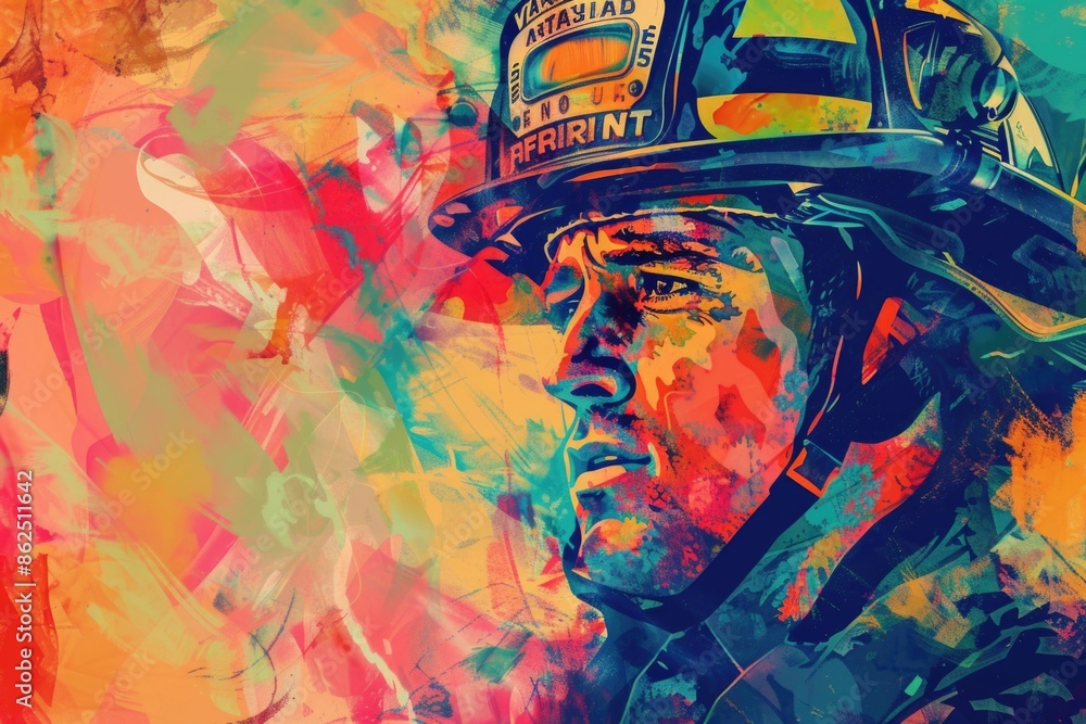 Portrait of firefighter or fireman in abstract mixed grunge colors vector art style. Colorful pop art digital painting Portrait of firefighter or fireman in abstract mixed grunge colors vector art style. Colorful pop art digital painting