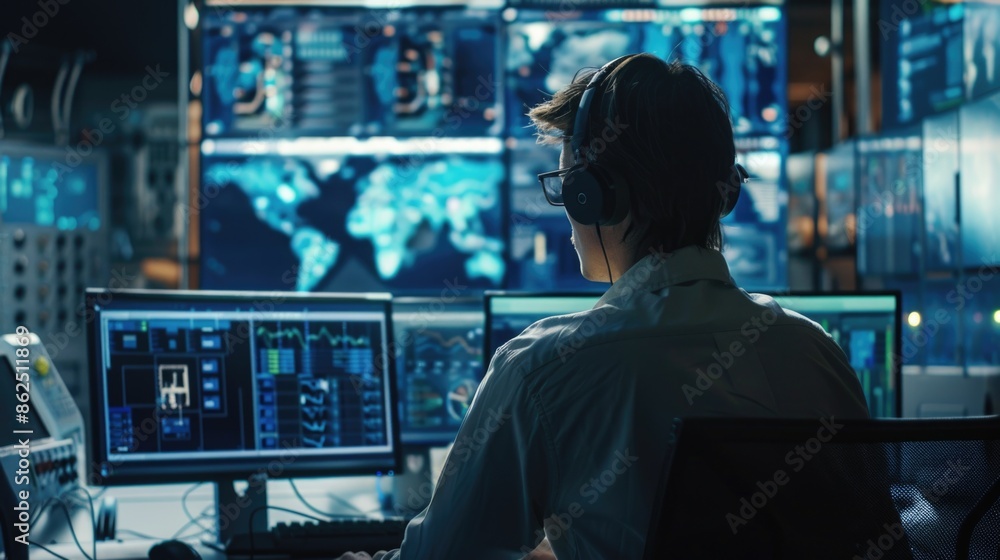custom made wallpaper toronto digitalPortrait of Professional IT Technical Support Specialist Working on Computer in Monitoring Control Room with Digital Screens.