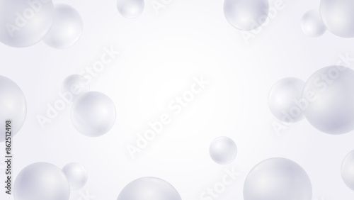 Abstract background with blurred white 3D bubbles or balls or spheres with realistic reflections. Horizontal banner with copy space. Elegant monochrome vector template, modern design.