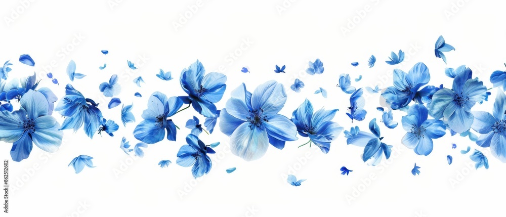 Blue Flowers Falling on White Background Blue Flowers Falling on White Background