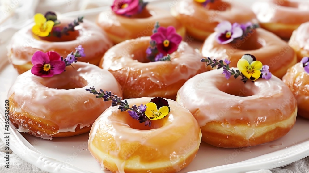 Gourmet Glazed Donuts with Edible Flowers on Elegant Plate Gourmet Glazed Donuts with Edible Flowers on Elegant Plate