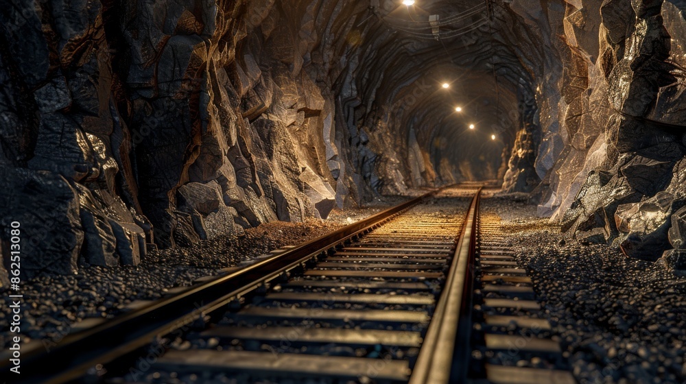 Railroad track inside an illuminated rocky tunnel Railroad track inside an illuminated rocky tunnel