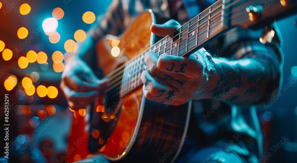 Fototapeta premium Close Up of a Musician Playing Acoustic Guitar at Night