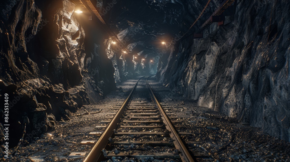 Fototapeta premium Dimly lit underground railway tunnel with rocky walls