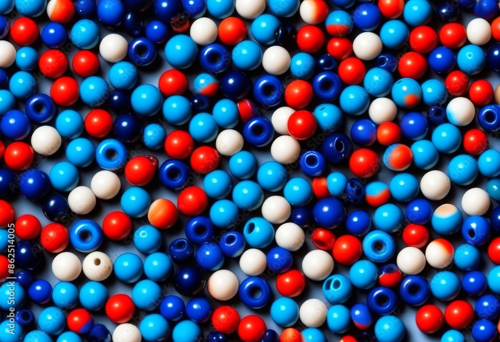 A close-up of blue and white beads on a white background A close-up of blue and white beads on a white background