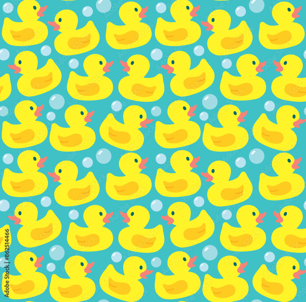 Seamless pattern with cute rubber ducks and soap bubbles. Vector flat ...