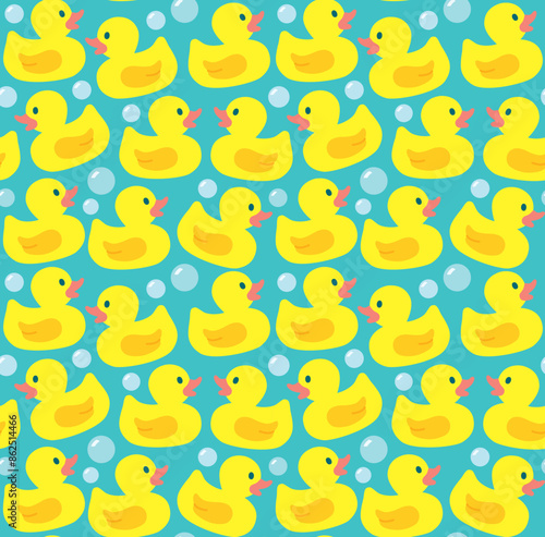 Seamless pattern with cute rubber ducks and soap bubbles. Vector flat colorful backdrop.	