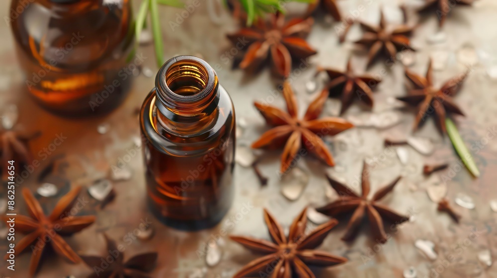 Aromatic essential oil with star anise in a bottle featuring copy space for easy customization. Generative AI Aromatic essential oil with star anise in a bottle featuring copy space for easy customization. Generative AI