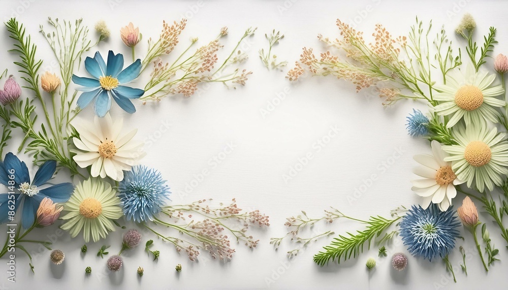 Wildflowers surrounding a frame on a white background. Natural, eco-friendly floral background with space for text. Wildflowers surrounding a frame on a white background. Natural, eco-friendly floral background with space for text.