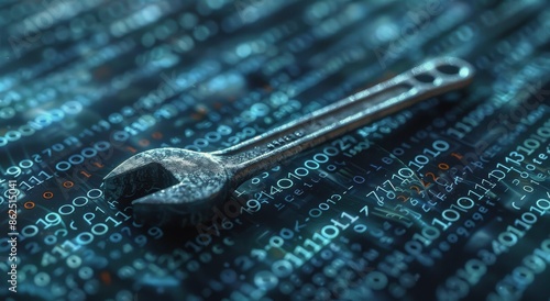 Silver Wrench on Digital Binary Code Background