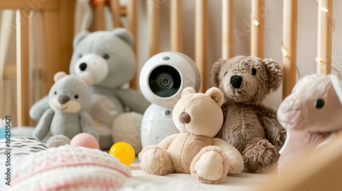 baby monitor camera between stuffed animals and toys on the crib shelf. Generative AI