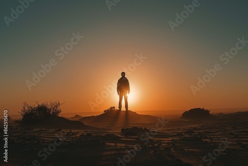 Silhouette of a man standing in the middle of the desert