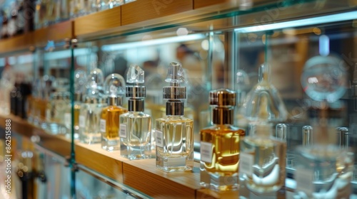 View of empty luxury perfume bottles on a cabinet in a department store