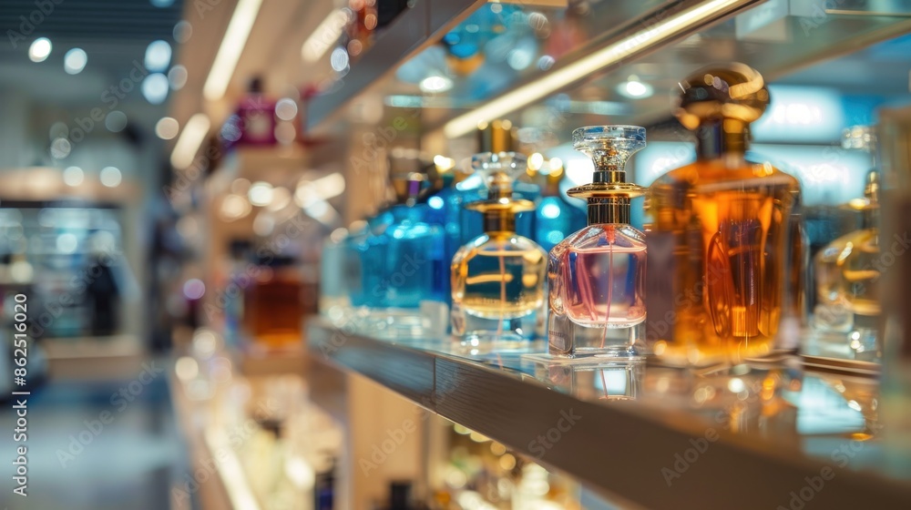 View of empty luxury perfume bottles on a cabinet in a department store View of empty luxury perfume bottles on a cabinet in a department store