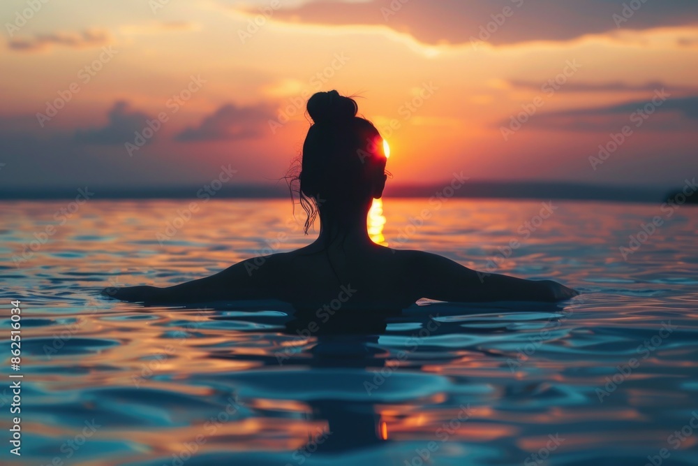 Silhouette of woman relaxing in swimming pool at sunset time Silhouette of woman relaxing in swimming pool at sunset time
