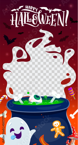Halloween social media frame template. Spooky adorable vector layout, featuring cute playful ghost, witch cauldron, bats and sweets. Share the ghostly fun and haunt your followers with festive flair