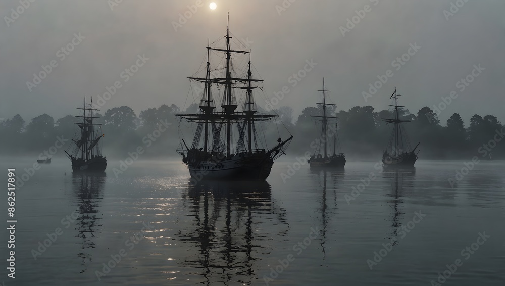 A coastline veiled in ethereal mist, where ghostly ships drift silently on tranquil waters under a silver dawn ai_generated A coastline veiled in ethereal mist, where ghostly ships drift silently on tranquil waters under a silver dawn ai_generated