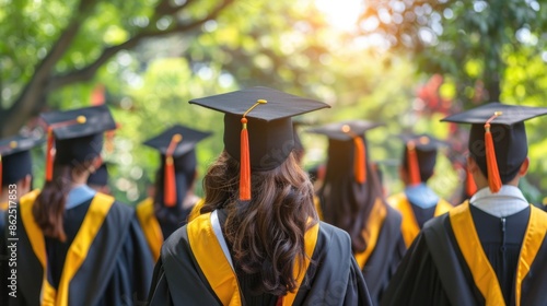 Successful graduation from university, Rear view of university graduates wearing graduation gown and cap in the commencement day. photo