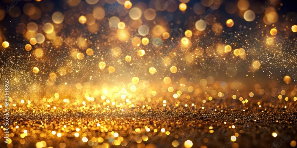 Shiny glitter particles floating against golden bokeh background on dark backdrop, glitter, particles, shiny, bokeh, golden Shiny glitter particles floating against golden bokeh background on dark backdrop, glitter, particles, shiny, bokeh, golden