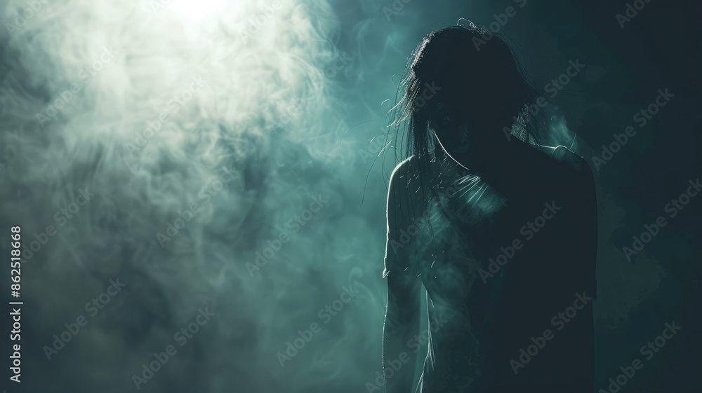 Obraz premium Silhouetted woman in mist with dramatic lighting