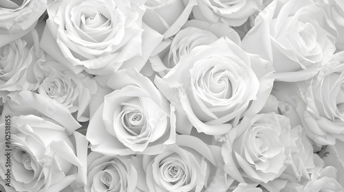 Natural white roses flowers background fresh petals in gray flower bouquet texture for background and wallpaper, monochrome tone, close up