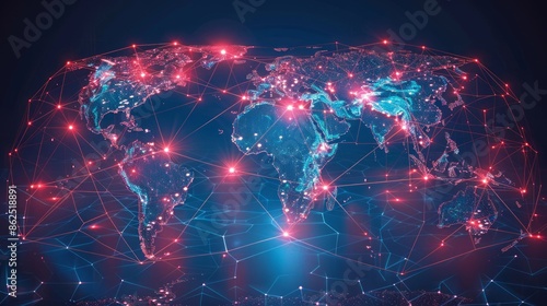 Digital World Map with Glowing Network Connections in Neon Colors photo