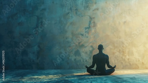 Silhouette of person meditating in serene, blue-toned setting with textured background