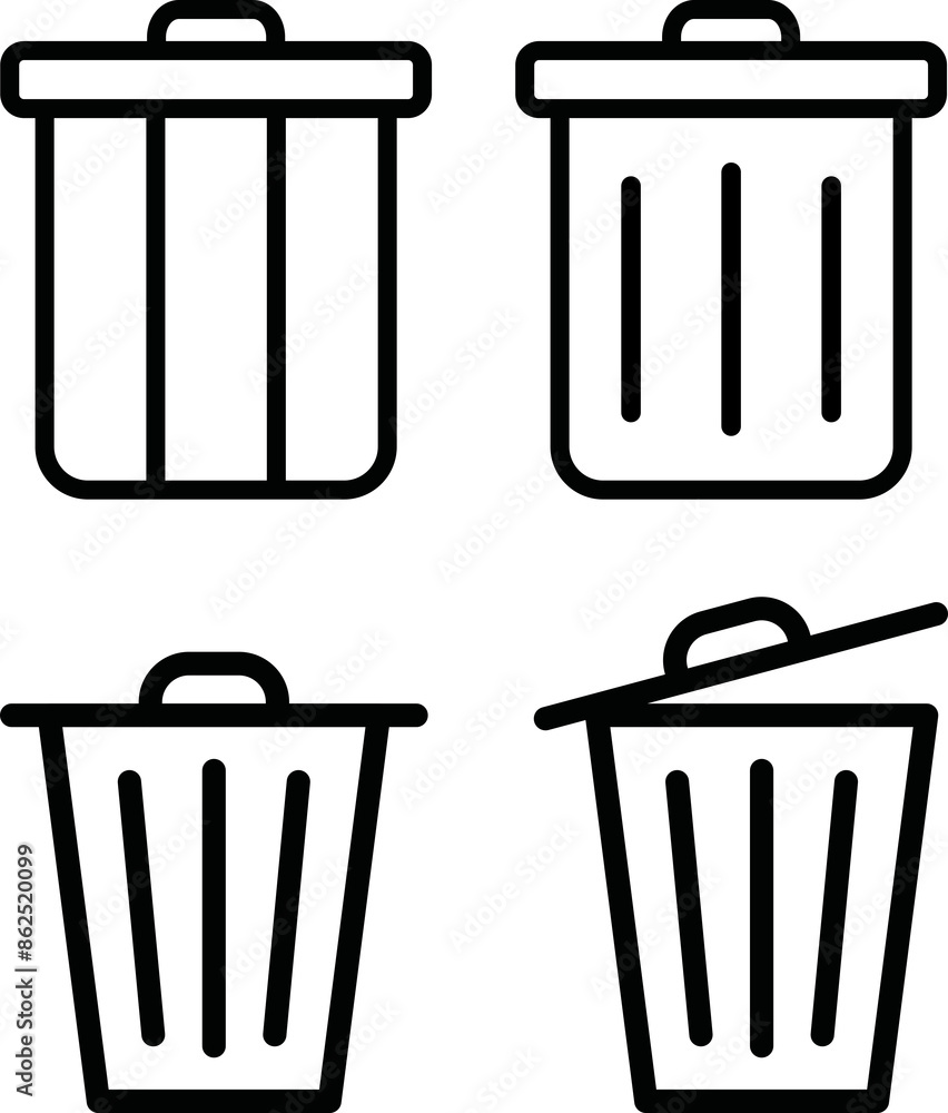 Minimalist Trash Can Icon Set On Transparent Background. Modern Trash Can Icons, Flat Design Trash Can Icon, Dustbin, Discard, and Container Symbols Minimalist Trash Can Icon Set On Transparent Background. Modern Trash Can Icons, Flat Design Trash Can Icon, Dustbin, Discard, and Container Symbols
