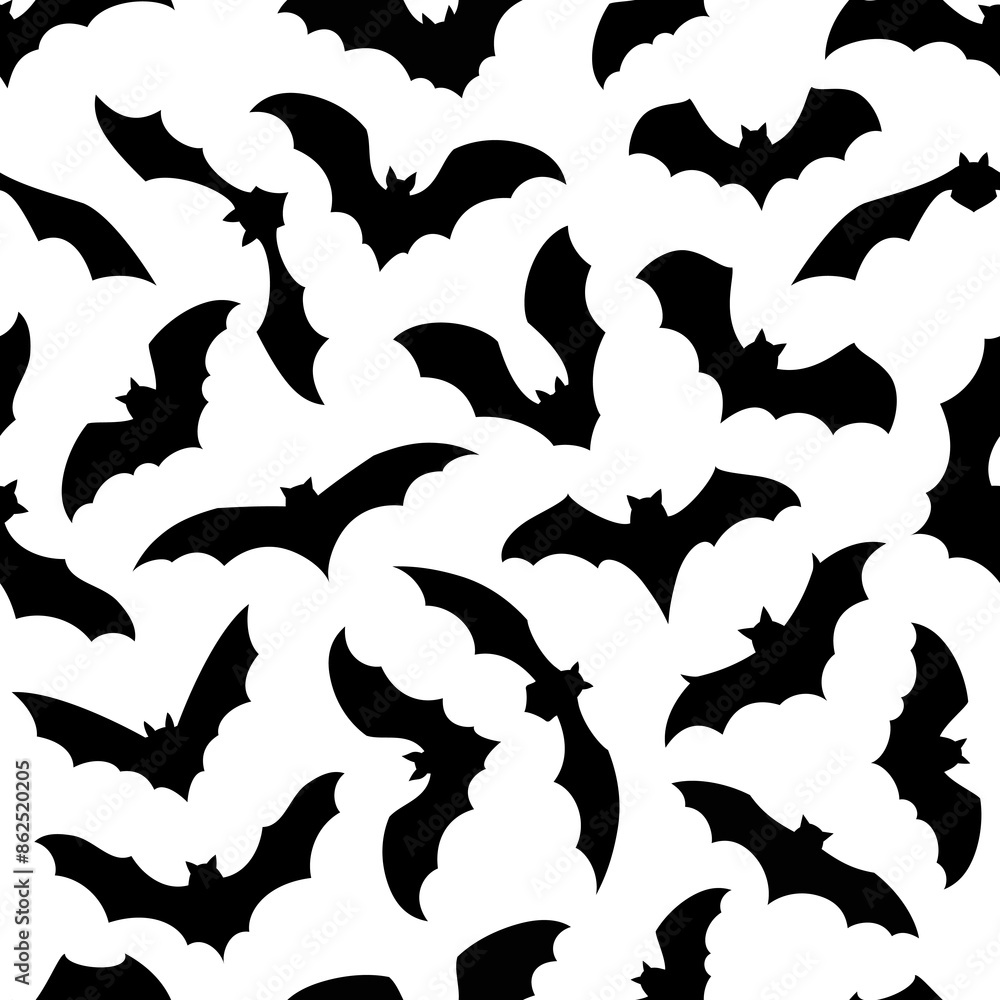 Naklejka premium Halloween bats silhouettes seamless pattern, flurry of nocturnal creatures in flight, silhouetted against white background, creates a hauntingly stylish vector tile for spooky wallpapers and decor