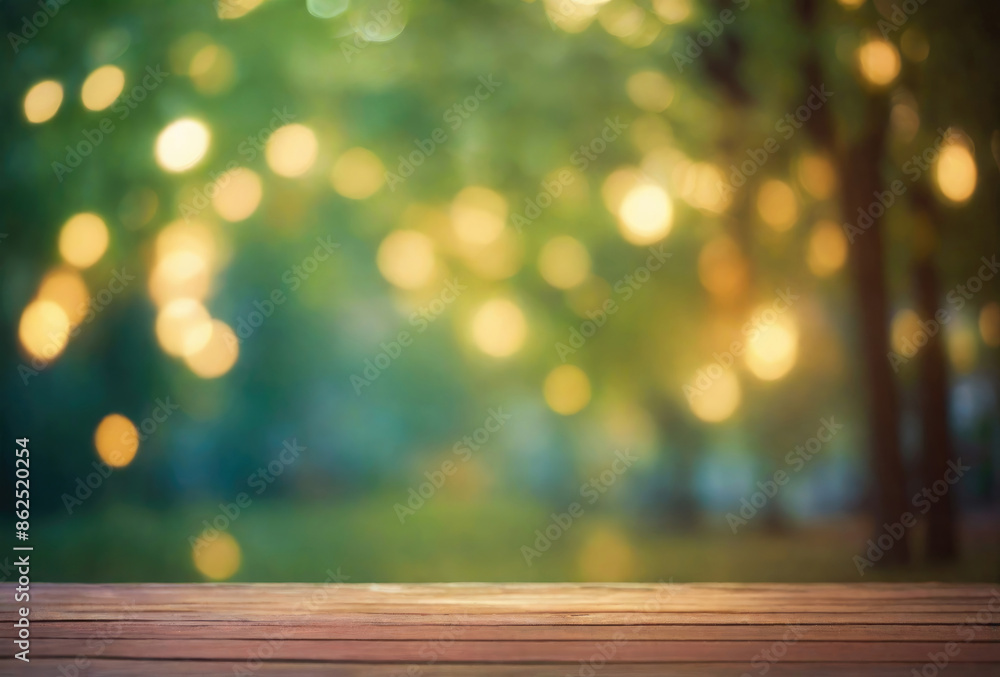 Abstract natural green bokeh background with wooden floor Abstract natural green bokeh background with wooden floor