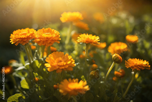 Natural calendula flowers with sunshine bokeh background