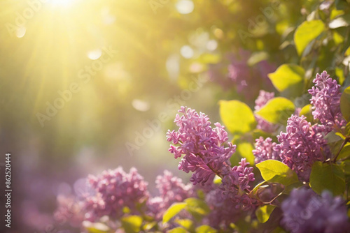 Natural lilac tree flowers with sunshine bokeh background
