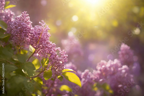 Natural lilac tree flowers with sunshine bokeh background