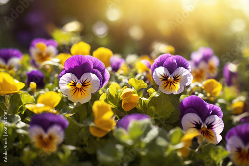 Natural pansies flowers with sunshine bokeh background