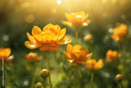 Natural trollius flowers with sunshine bokeh background